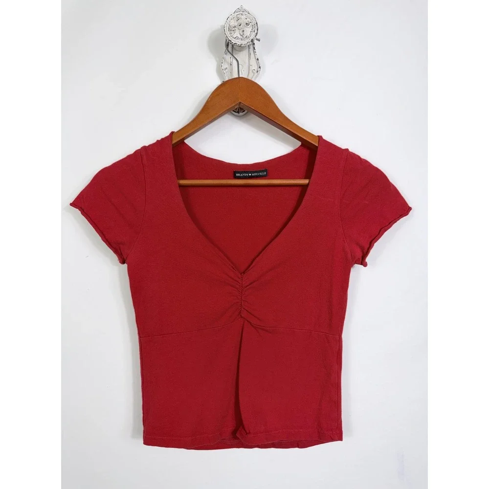 Brandy Melville Top Womens Red Ruched V-Neck Short Sleeve Cotton Baby Tee